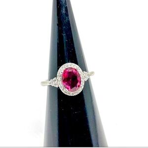 New S925 Sterling Silver Platinum Plated Ruby & White Topaz Ring